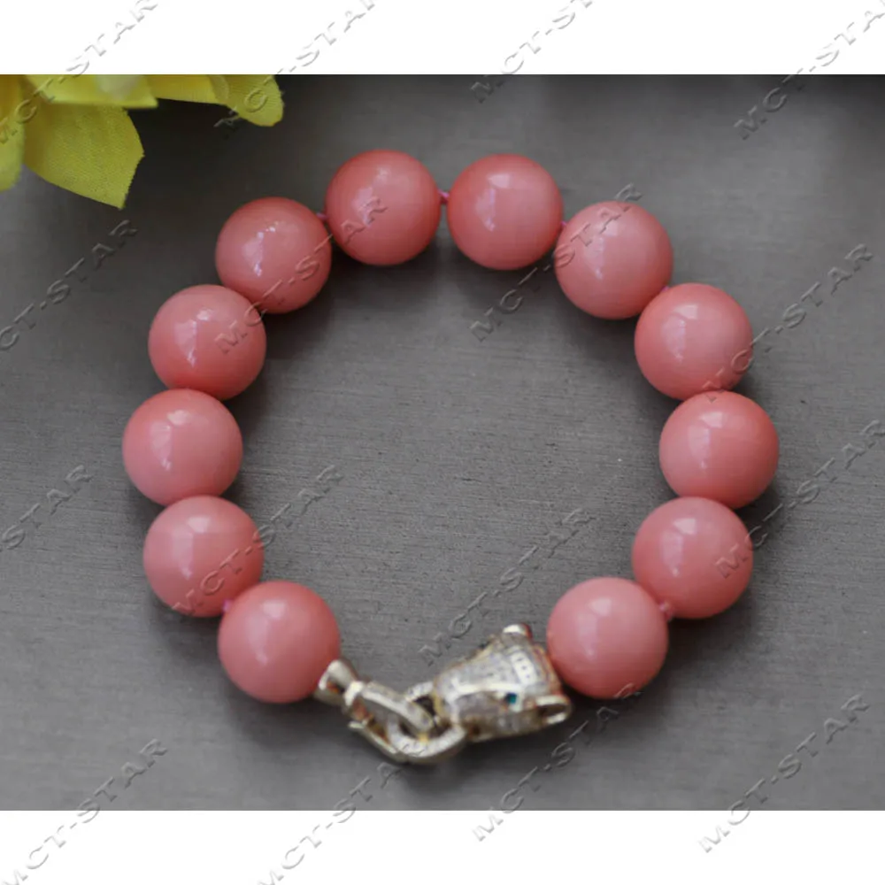 MTC·STAR  8'' 14mm Coral-Pink Round South Sea Shell Pearl Bracelet Jaguar CZ (Z14516)