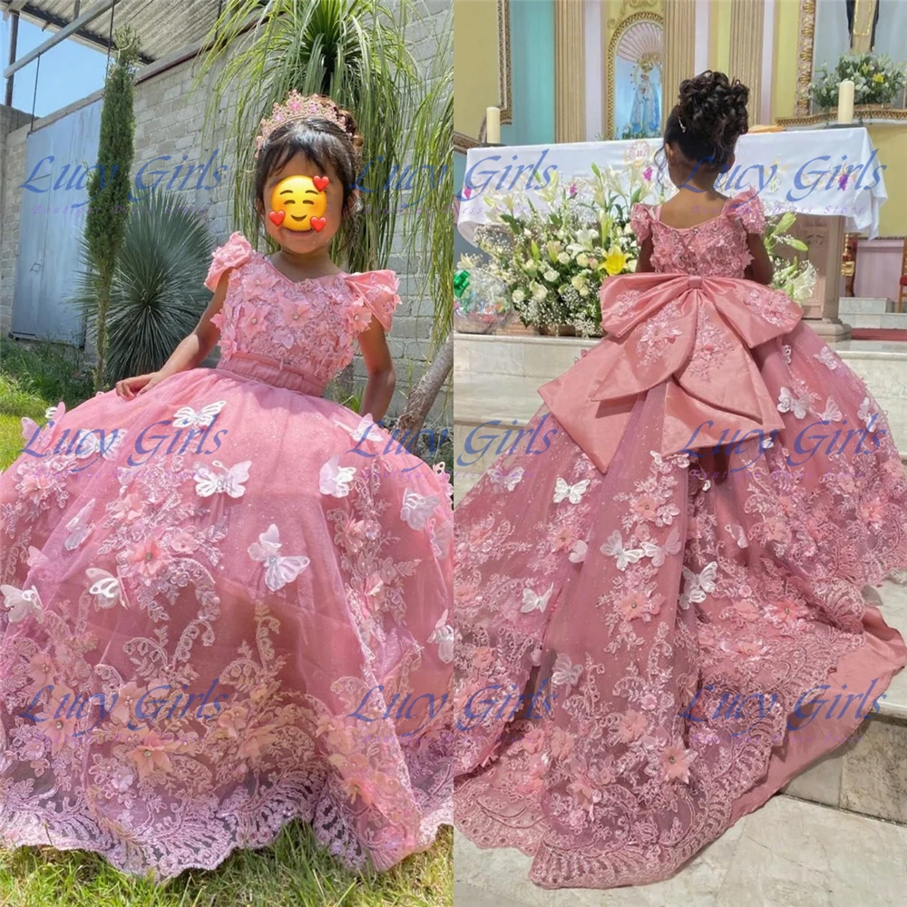 

Gorgeous Pink Flower Girls Dress Tulle Fluffy Quality Applique With Long Tail For Kid Wedding Birthday Party Evening Ball Gowns