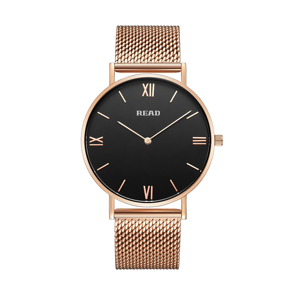 READ Minimalist Quartz Watch | Rose Gold Mesh Strap | Black Roman Dial | High Hardness Glass | 3ATM Waterproof