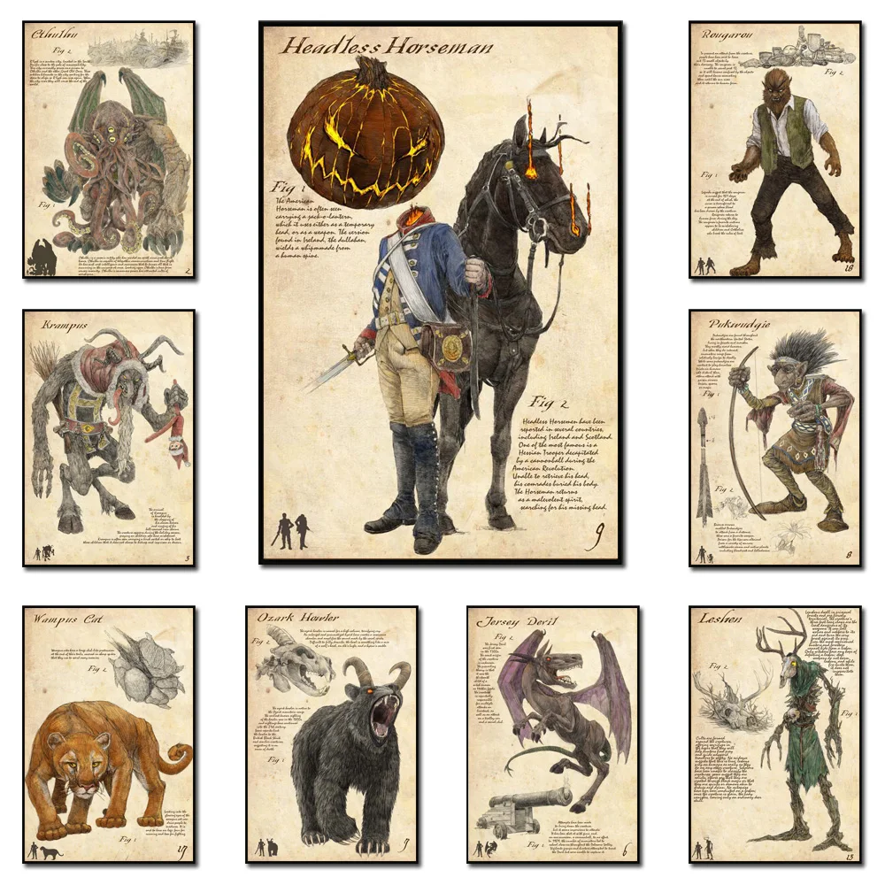 Strange Cryptids Monster Rougarou Canvas Prints Vintage Decor Poster And Prints Folklore Headless Horseman Krampus Wall Painting