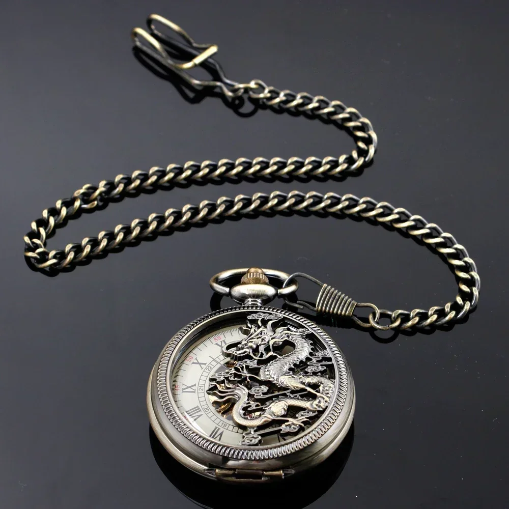 Orologio da tasca meccanico retrò superiore Dragon Steampunk orologio Fob con catena doppio cacciatore regalo di lusso