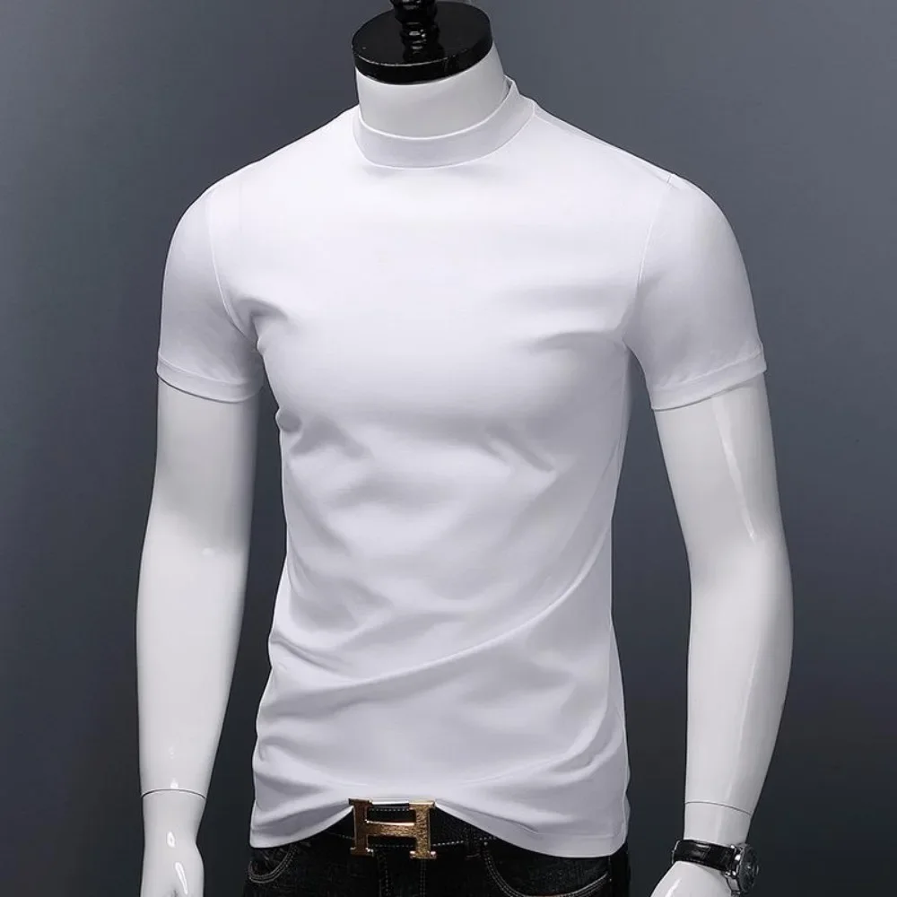 Men's Casual Turtleneck T-Shirts Short Sleeve Solid Slim Fit Silk High Neck Tops Inner Wear Trendy Round Neck Base Layer Shirt