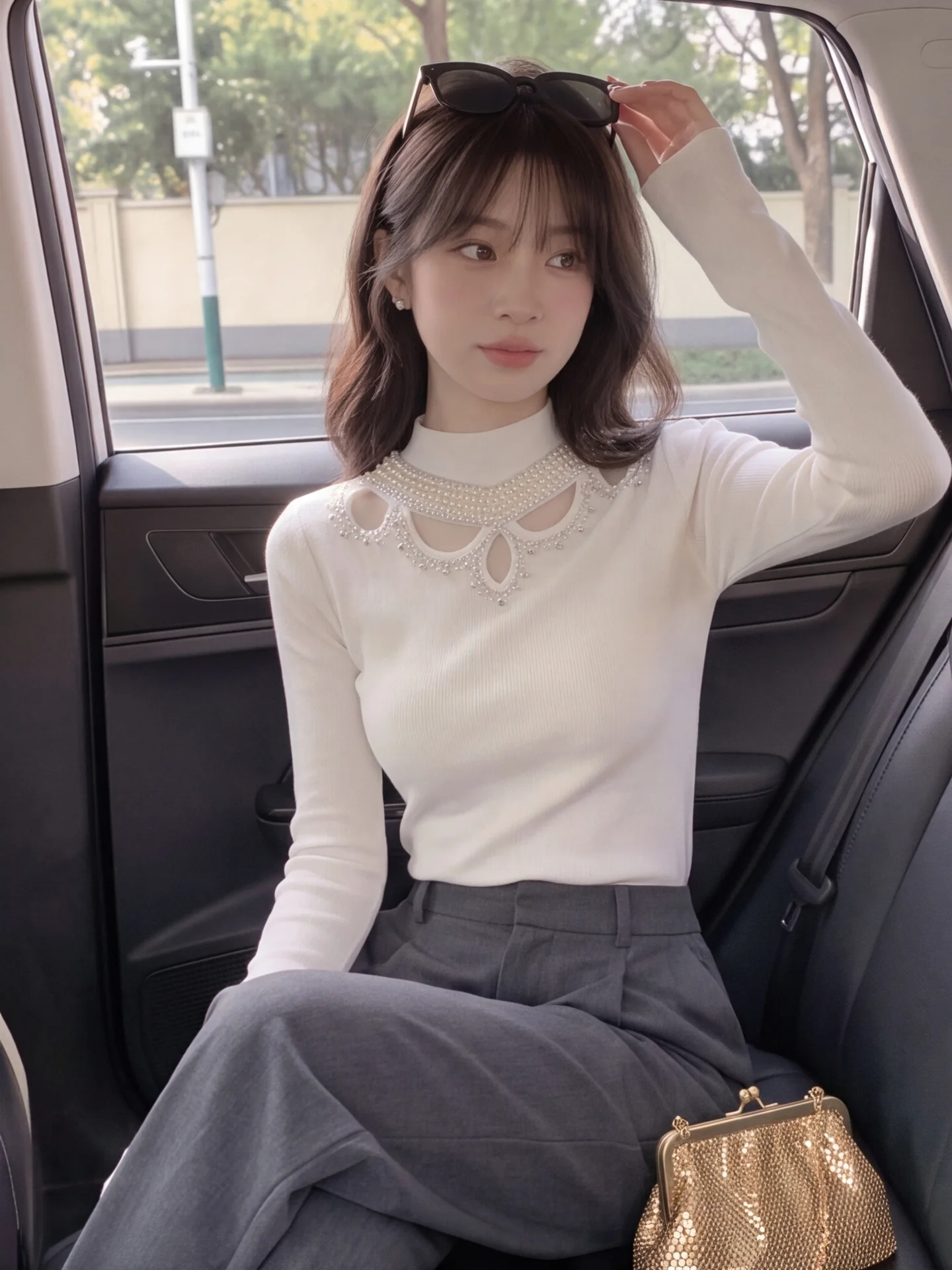 Women's Knitted Pearl Embellished Hollow out Mesh Panelled Half High Collar Sweater Autumn Winter Fashion Sensation Iron on R...
