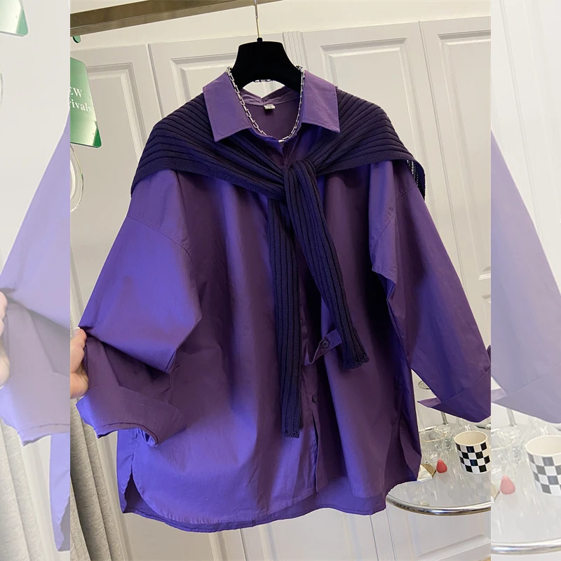 

Осень 2024, фиолетовая шаль с женскими рубашками, свободная женская блузка с длинными рукавами, хлопковые женские топы, однотонная блузка, KE6857