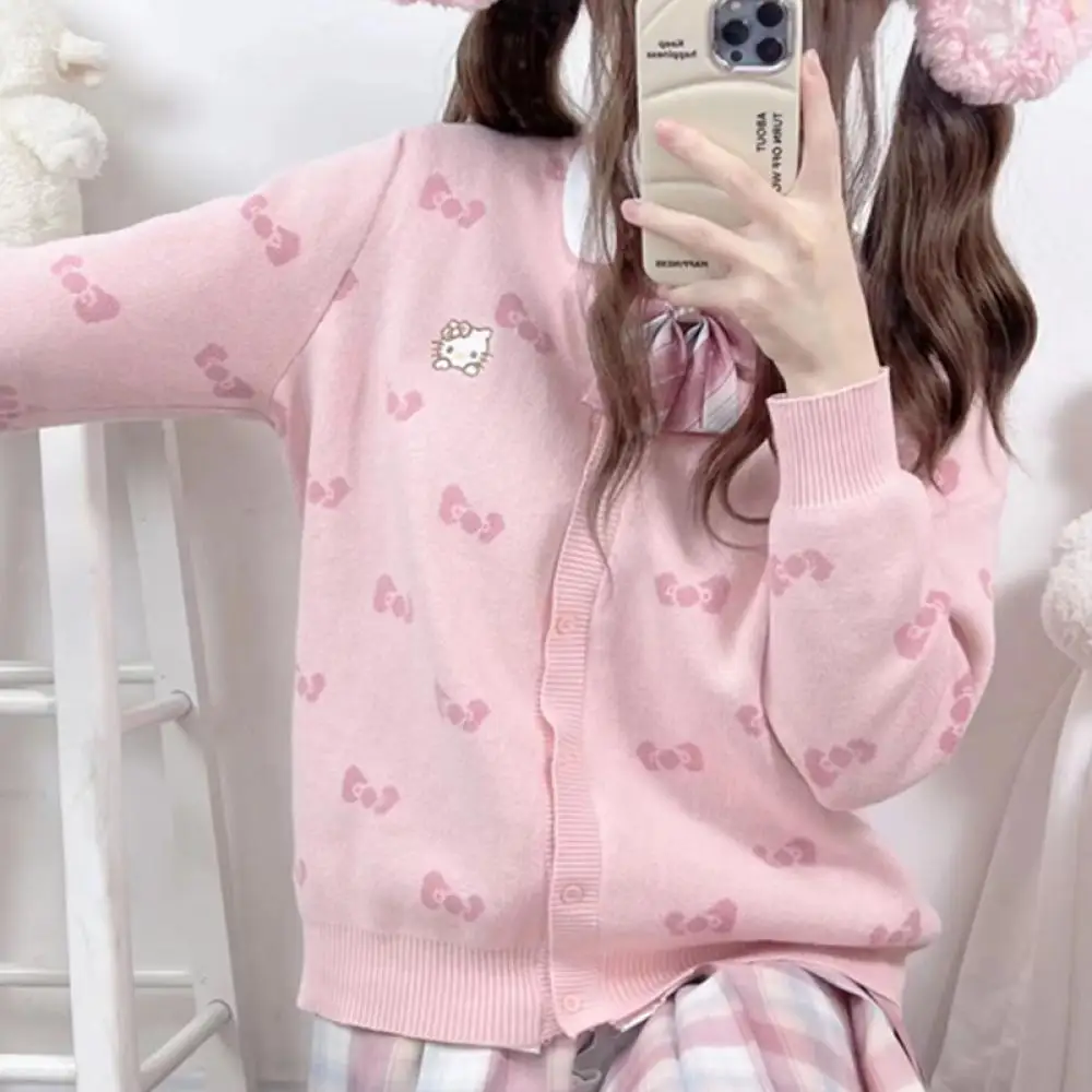 

Anime Cardigan Sweater Hello Kitty Sanrio Kawaii Sweet Girls Studenr Cartoon Bow Tops Lovely Long Sleeve Knitted Sweater Coat
