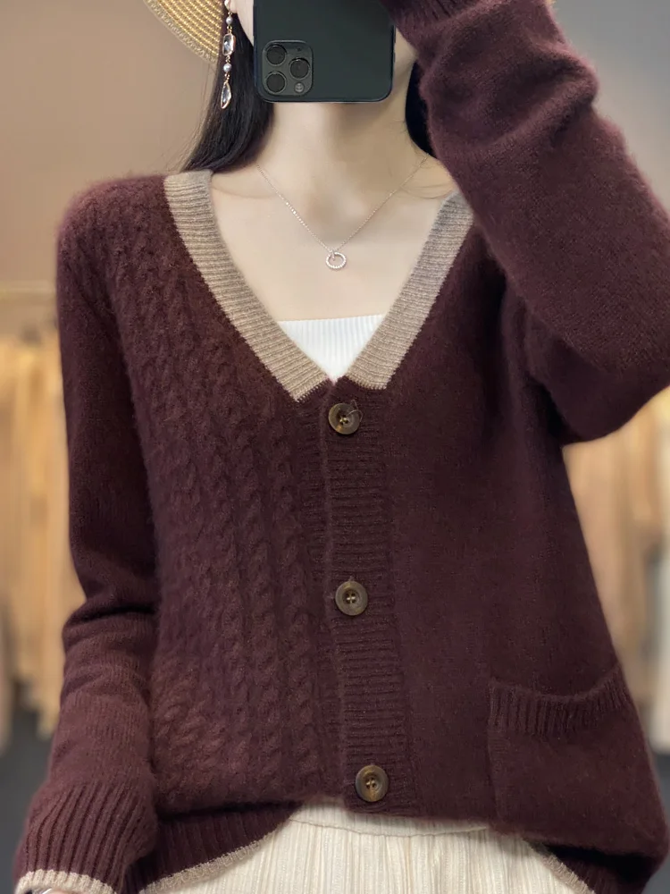 Cardigã de lã merino para mulheres, 100% lã merino, flor torção espessa, gola em v, suéter de cashmere solto, roupas femininas, tops casuais, outono