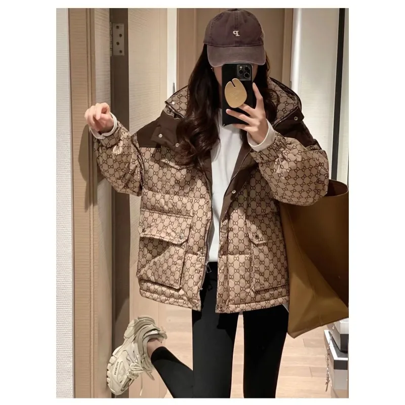 Luxury Brand Women Clothing Winter Super Hot Coat New Trendy Youthful Printed Cotton Padded Jacket Hooded Short Tops Puff Jacket