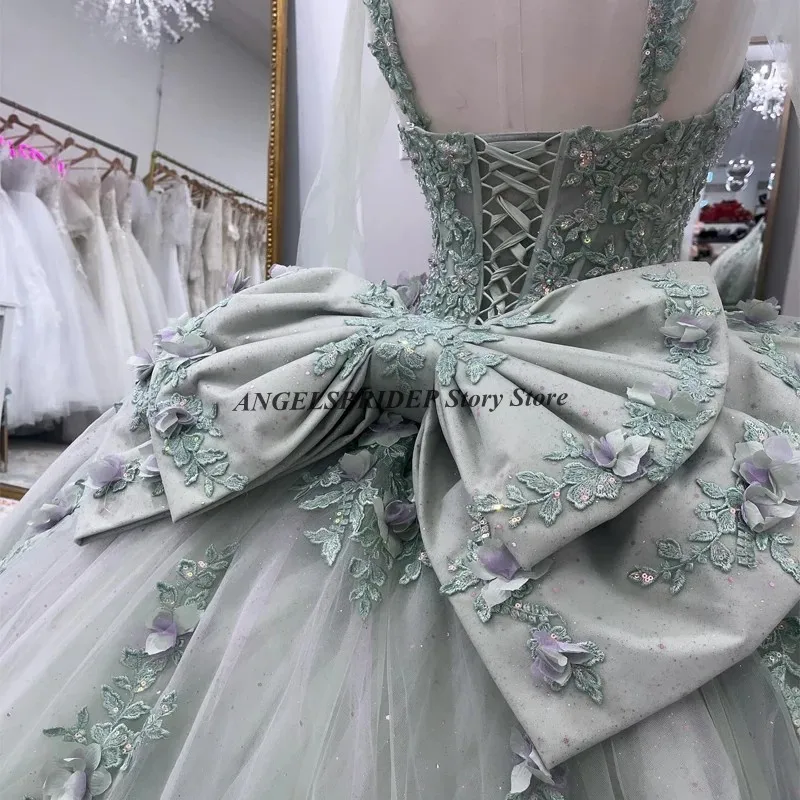 Angelsbridep искусственное зеленое платье Quinceanera с аппликацией из бисера Красивое бальное платье 16 Тюль 3D цветочные платья XV 15 лет