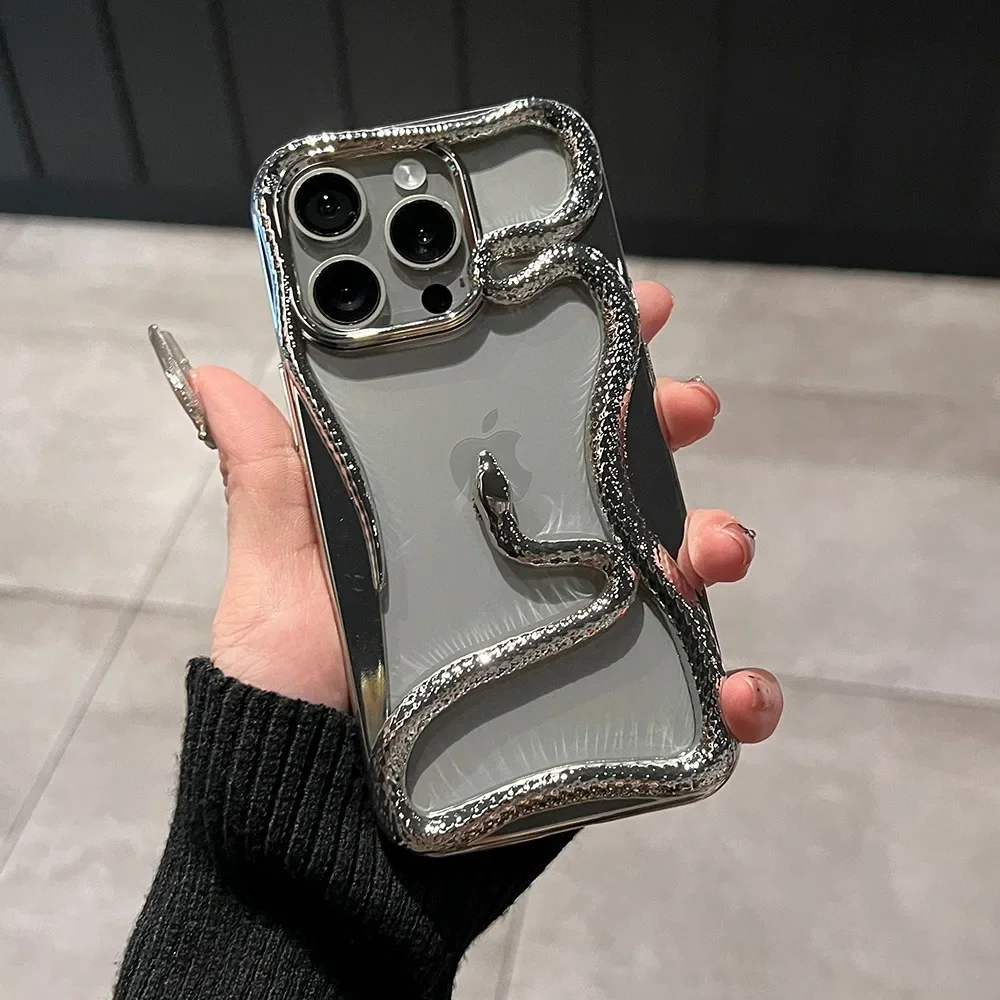 Luksusowe etui na telefon 3D z motywem węża, odprowadzające ciepło, do iPhone 15 16 14 13 12 17 Pro Max Plus 17 Air, odporne na wstrząsy, galwanizowane.