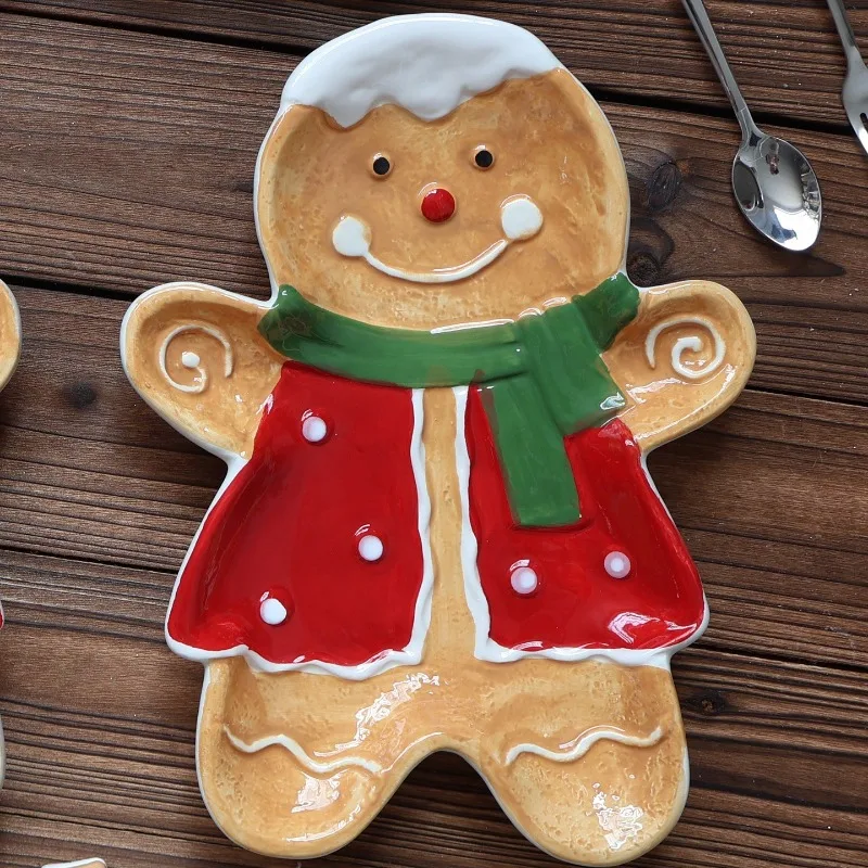 Creative Gingerbread Man Ceramic Christmas Decorative Plate Nordic Santa Claus Dessert Plate Cartoon Tableware Holiday Ornaments