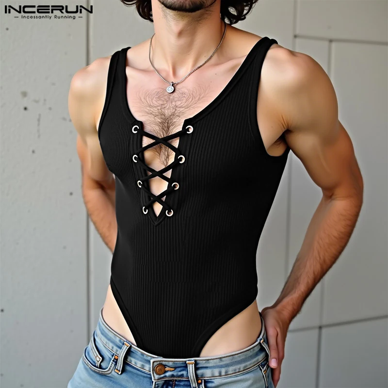 

INCERUN Summer Men Bodysuits Solid Color V Neck Sleeveless Male Tank Tops Rompers Sexy Drawstring 2025 Fashion Bodysuit S-3XL