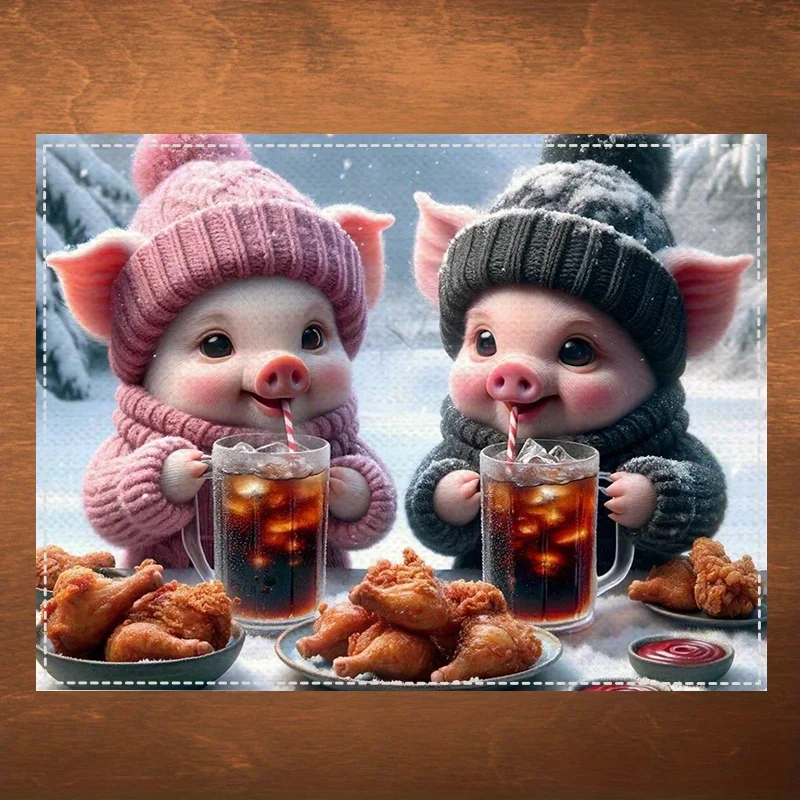 2pc PC Linen Placemats Animal Style With Pig DesignWoven Rectangular Table MatsHand Wash JIT