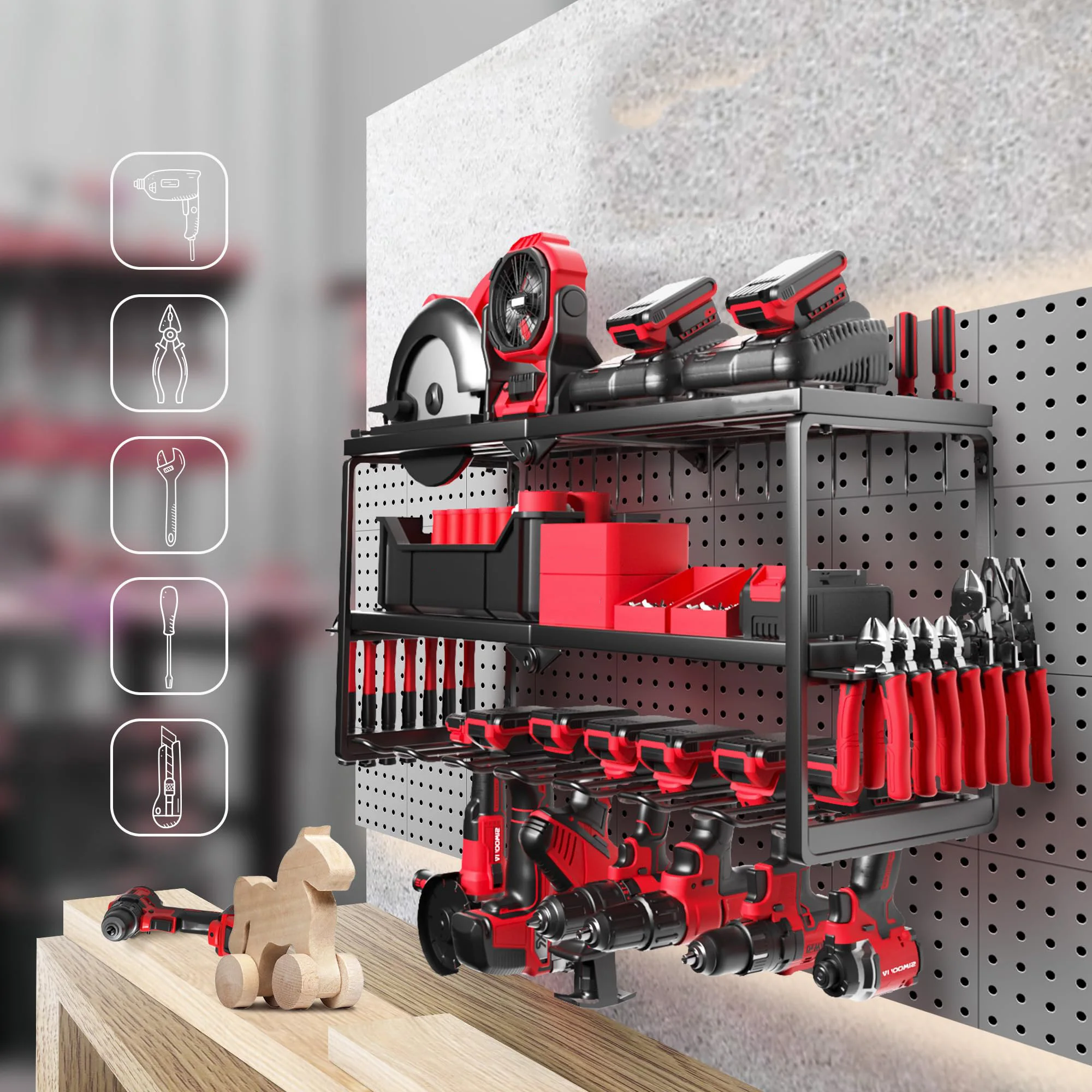 Duty Tool Storage Battery Shelf for Workshop Garage Organizer 3-Tier 7 Drills Holder Large Power Tool Organizer Wall Mount Heavy