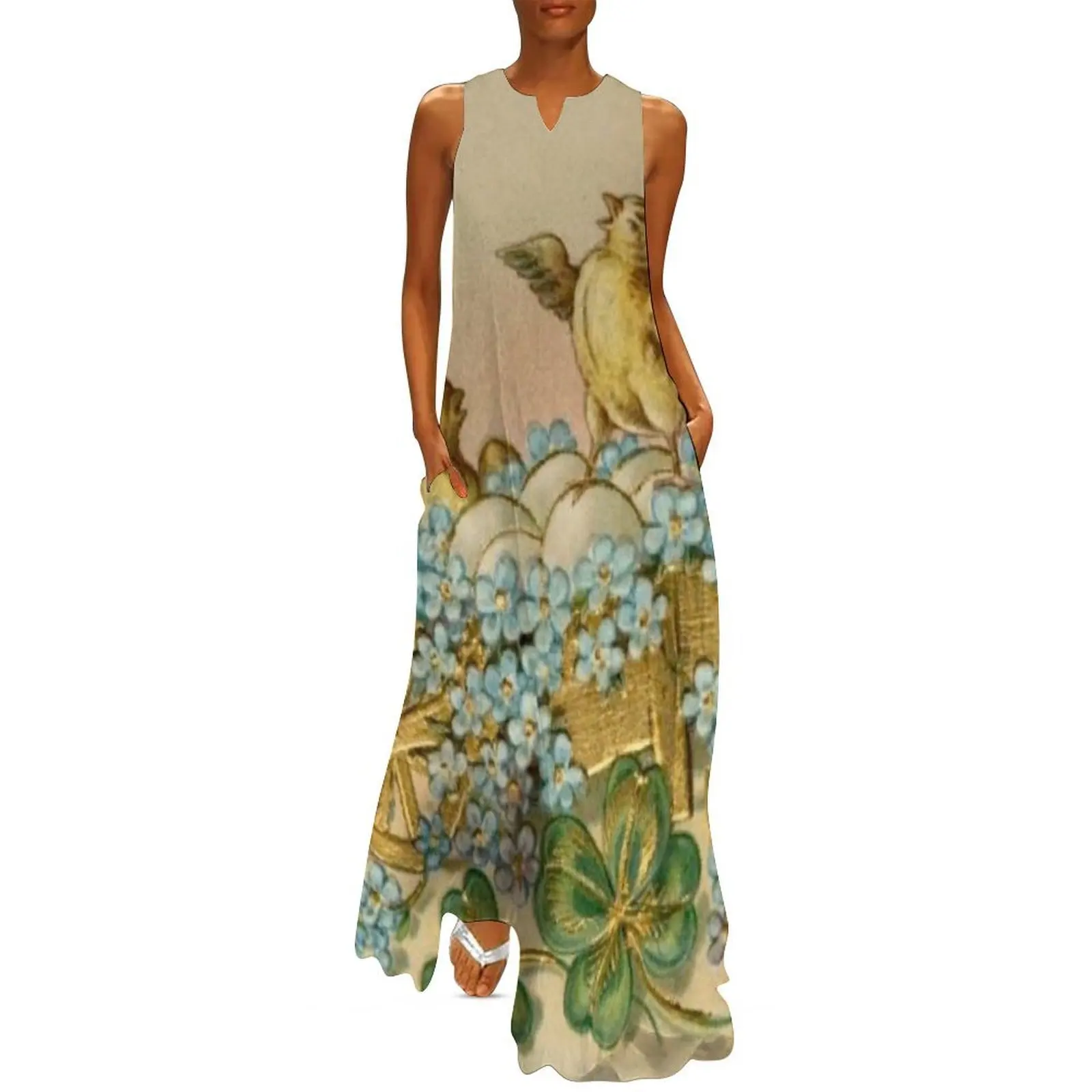 

Vintage Easter Greeting Chicks Wheelbarrow Eggs Blue Flowers Cloverleaf Long Dress Dress for pregnant women