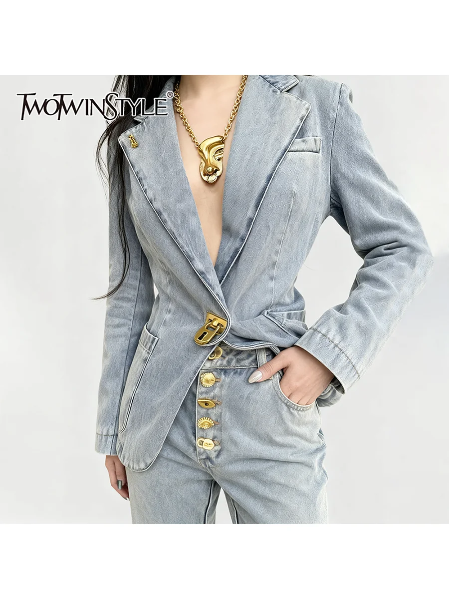 

TWOTWINSTYLE Slimming Spliced Metal Button Cowboy Blazers for Women Lapel Long Sleeves Tunic Patchwork Pockets Blazer Female New