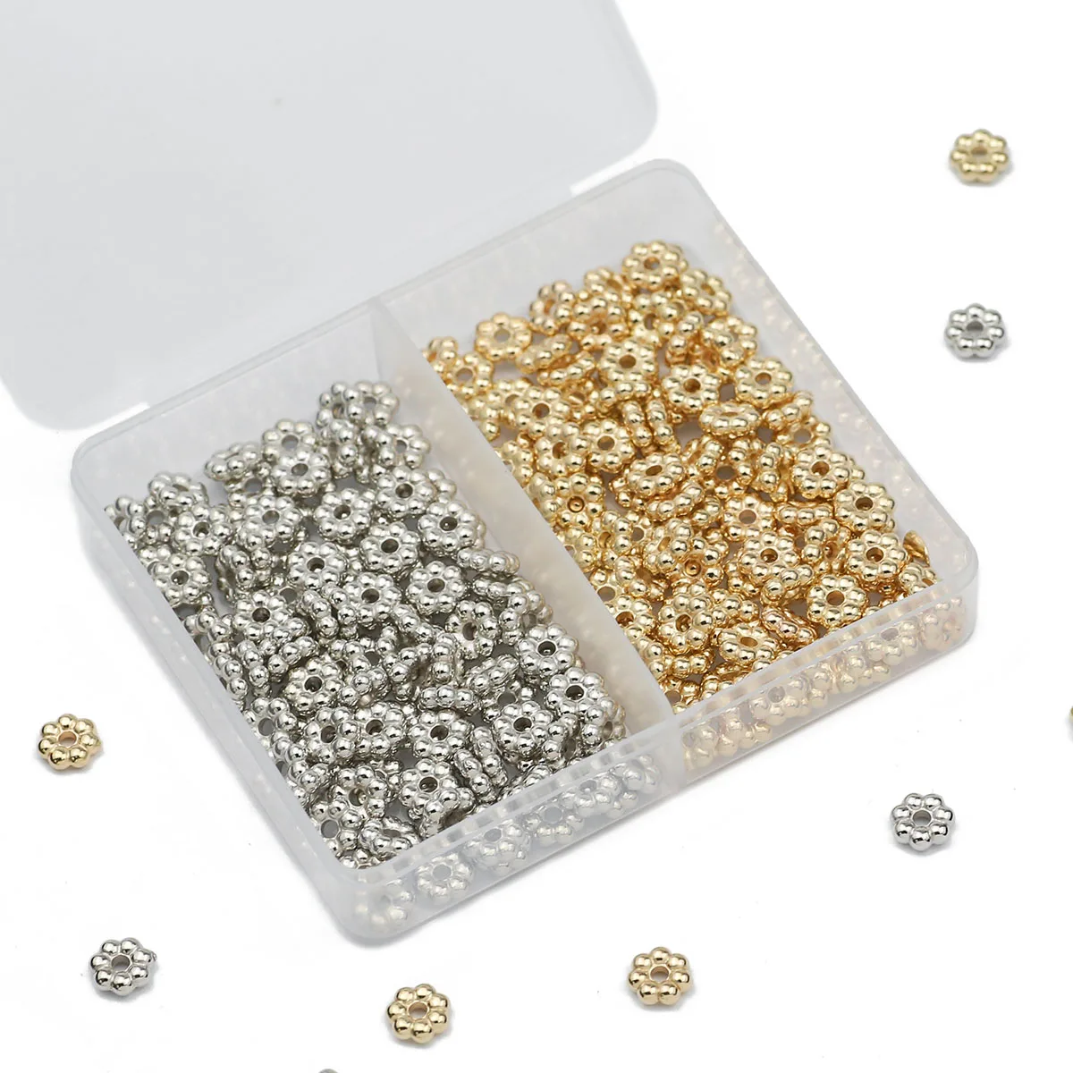 200 Stuks 6Mm Sneeuwvlok Goud/Verzilverd Ccb Spacer Losse Kralen Diy Set Box Voor Armband Ketting Sieraden Maken Accessoires