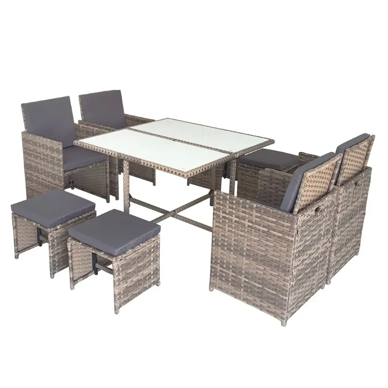 Outdoor garden furniture space-saving dining table and chairs PE wicker tempered glass table top