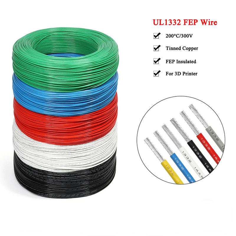 UL1332 PTFE Wire FEP Plastic Insulated 30/28/26/24/22/20/18/16/14/13/12/11/10AWG High Temperature Electric Cable for 3D Printer