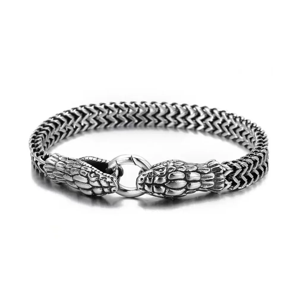 Hip Hop Rock Personality Weaving Stainless Steel  Metal Chain Stereo Engraving Two-headed Snake Bracelet for Men Women Jewelry