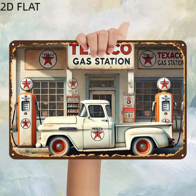 Texaco Gas Station Vintage Metal Tin Sign - Retro Distressed Design (Classic Truck, Gas Pumps) | Iron Wall Art for Garages, Man