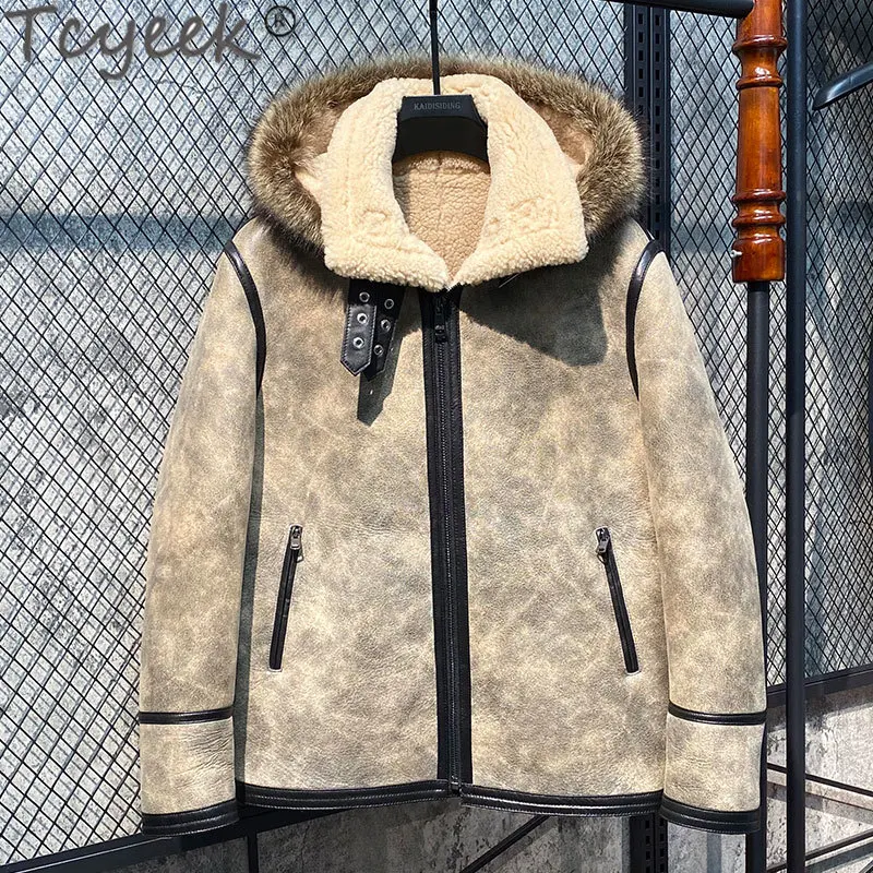 

Tcyeek Winter Mens Fur Coat Natural Fur Jacket men Thicken Real Sheepskin Coats Fashion Warm Raccoon Fur Collar Chaquetas Hombre