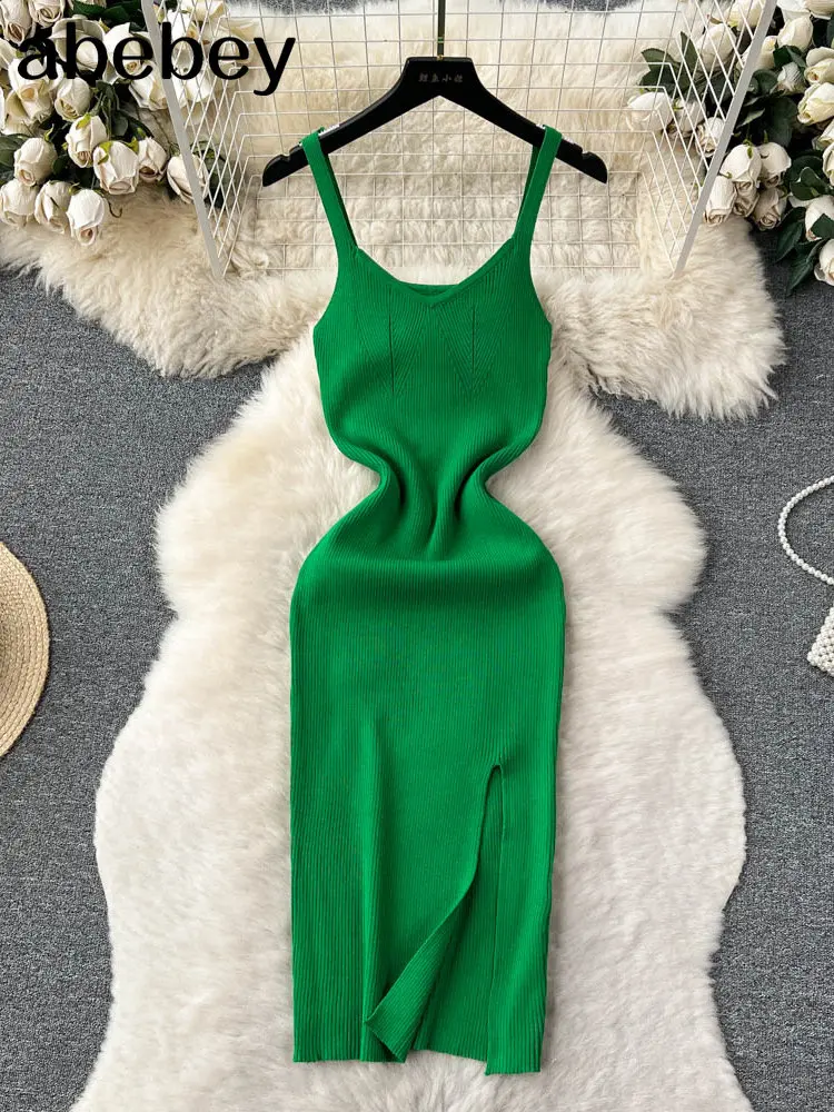 2023 Green V Neck Summer Knit Sexy Strap Dress Women Tank Elatic Waist Bodycon Sundress Female Beach Split Backless Long Dress