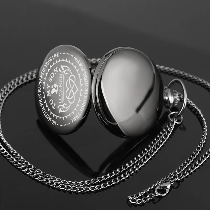 Antique Pocket Watch with To My Son I Love You Words Design Black Color Retro Quartz Analog Watches Necklace Chain Roman Number