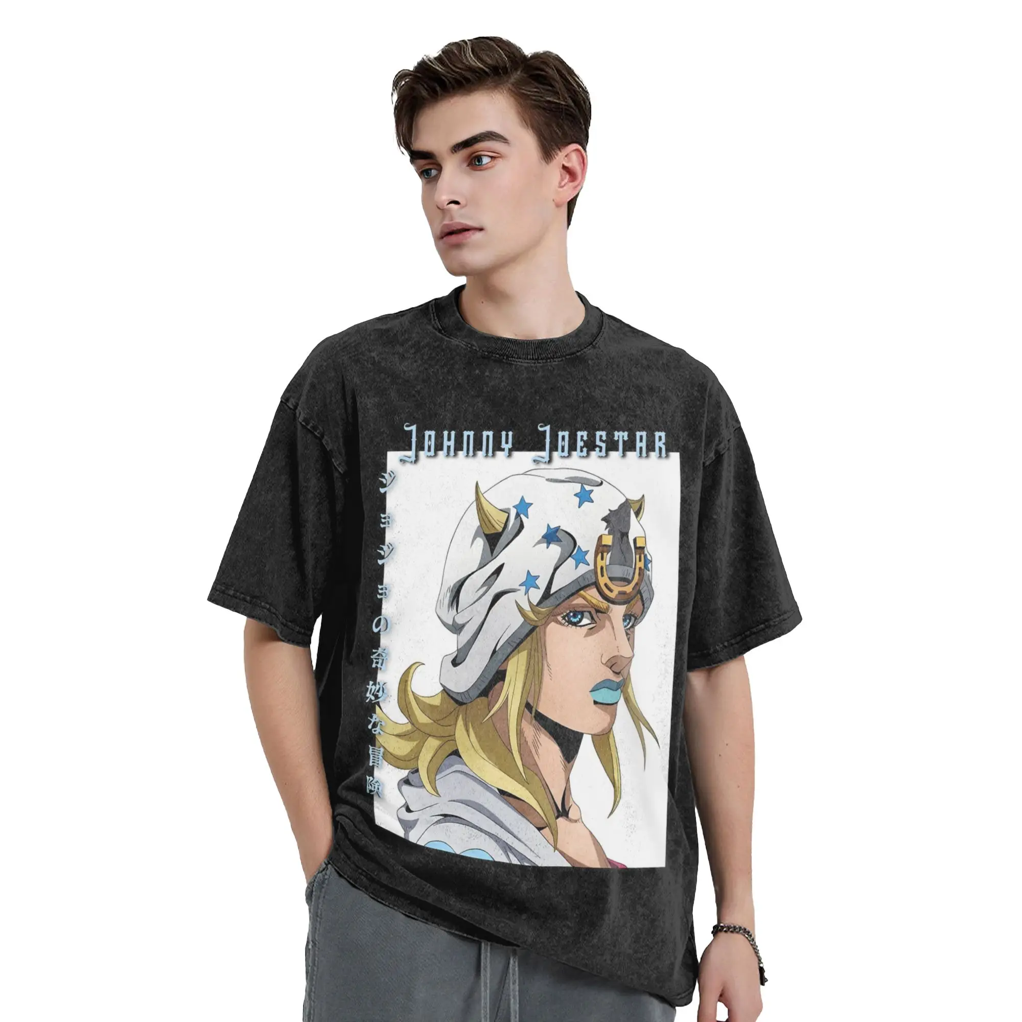 Washed T Shirts Johnny Joestar Anime Steel Ball Run Hip Hop T-Shirt Oversize Streetwear Cotton Tops Tee Shirt for Men Women