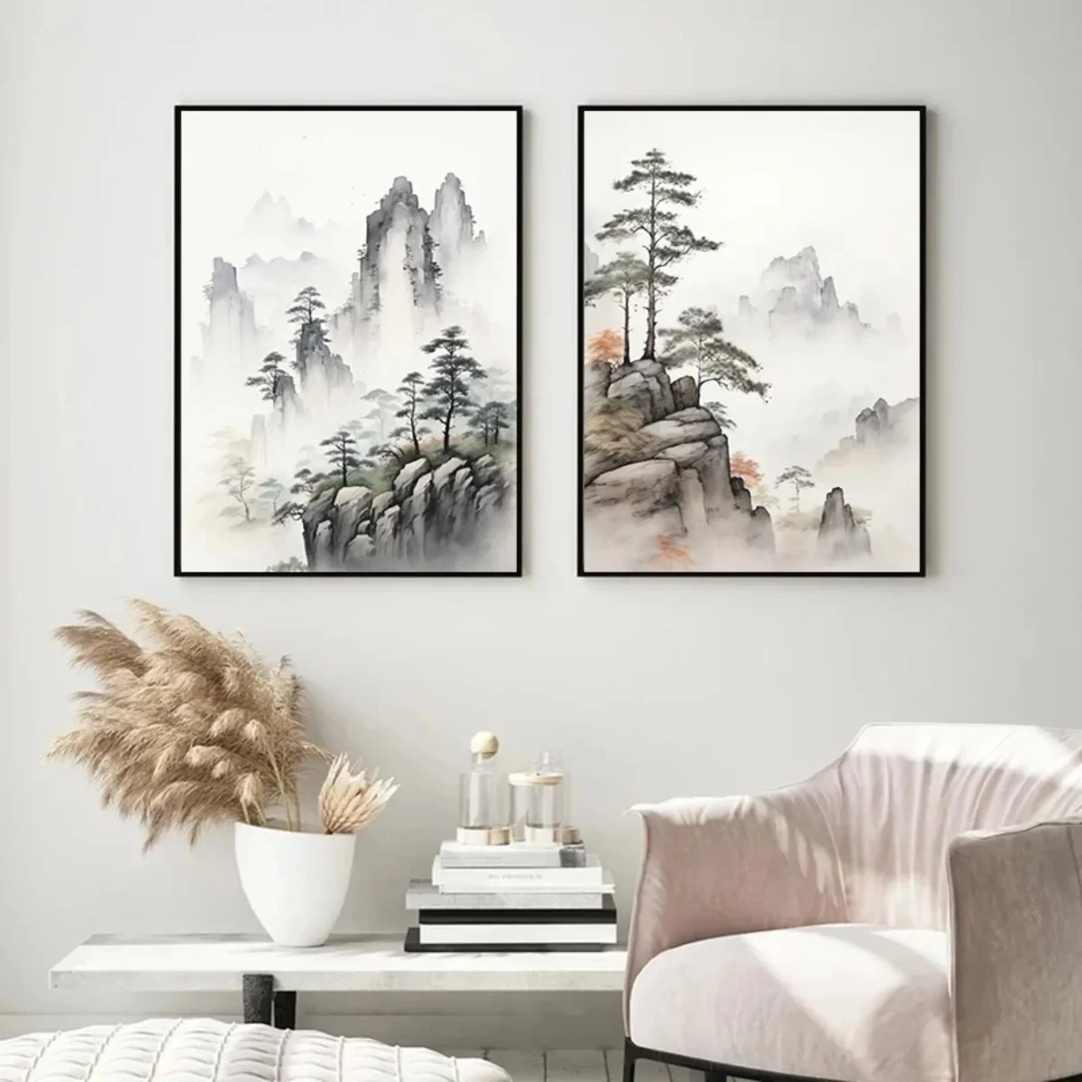حائط لوح رسم الفن صور اليابانية ضبابي جبل أشجار الصنوبر المائية الملصقات المعاصرة ديكور غرفة المعيشة