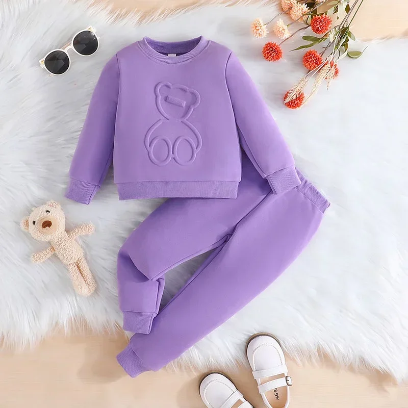 Kid Girl 9 Months-6 Years old Long Sleeve Cute Cartoon Bear Tees tops and Long Pants Purple Outfit Toddler Infant Clothing Set