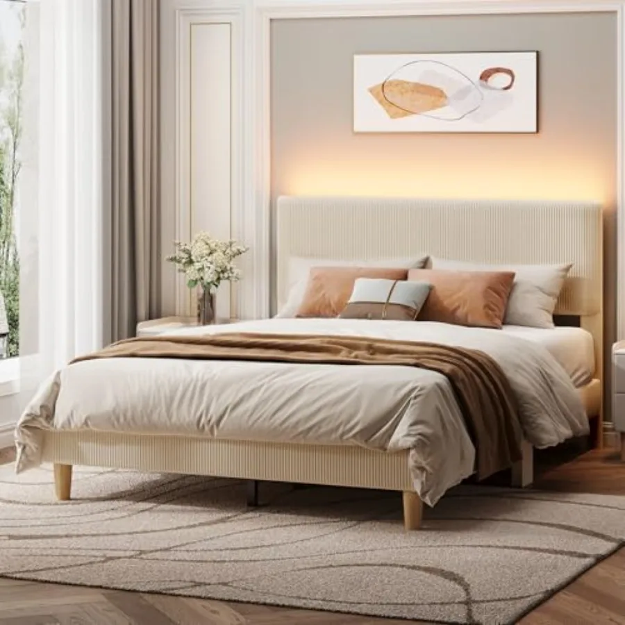 Bed Frame with Headboard LED Lighting, Upholstered Fabric in Gray, Soft Touch and Modern Ambient Glow for Bedroom