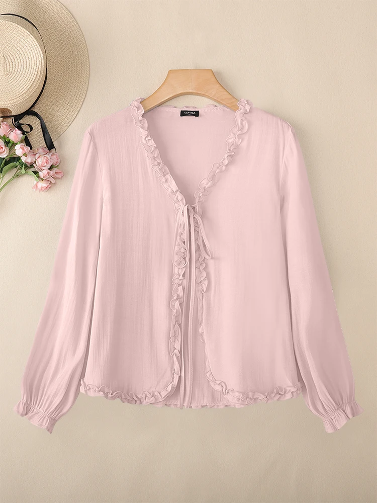 Solid Sweet Tops Women Cardigans Autumn Thin Shirts 2025 VONDA Fashion Long Sleeve Bandage Casual Ruffled Open Stitch Kinomo