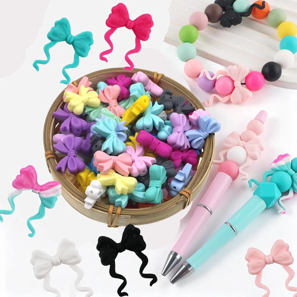 6pcs Flat Bow & Curly Long Ribbon Bow Bead Pastel Solid Glitter Silicone Bow Focal Beads For DIY Jewelry Making Accessories