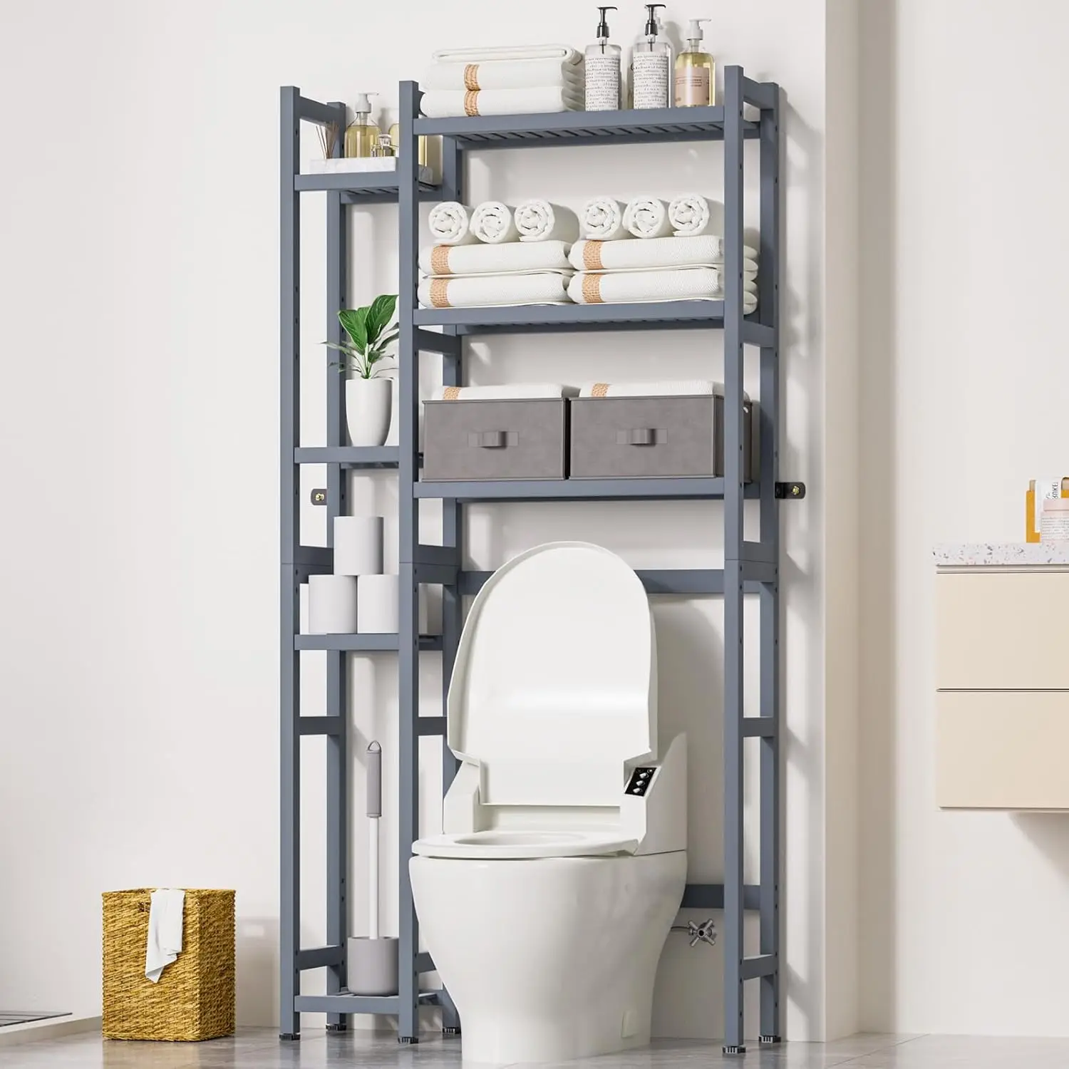 Over The Toilet Storage with Basket and Drawer, Bamboo Bathroom Organizer with Adjustable Shelf & Waterproof Feet Pad