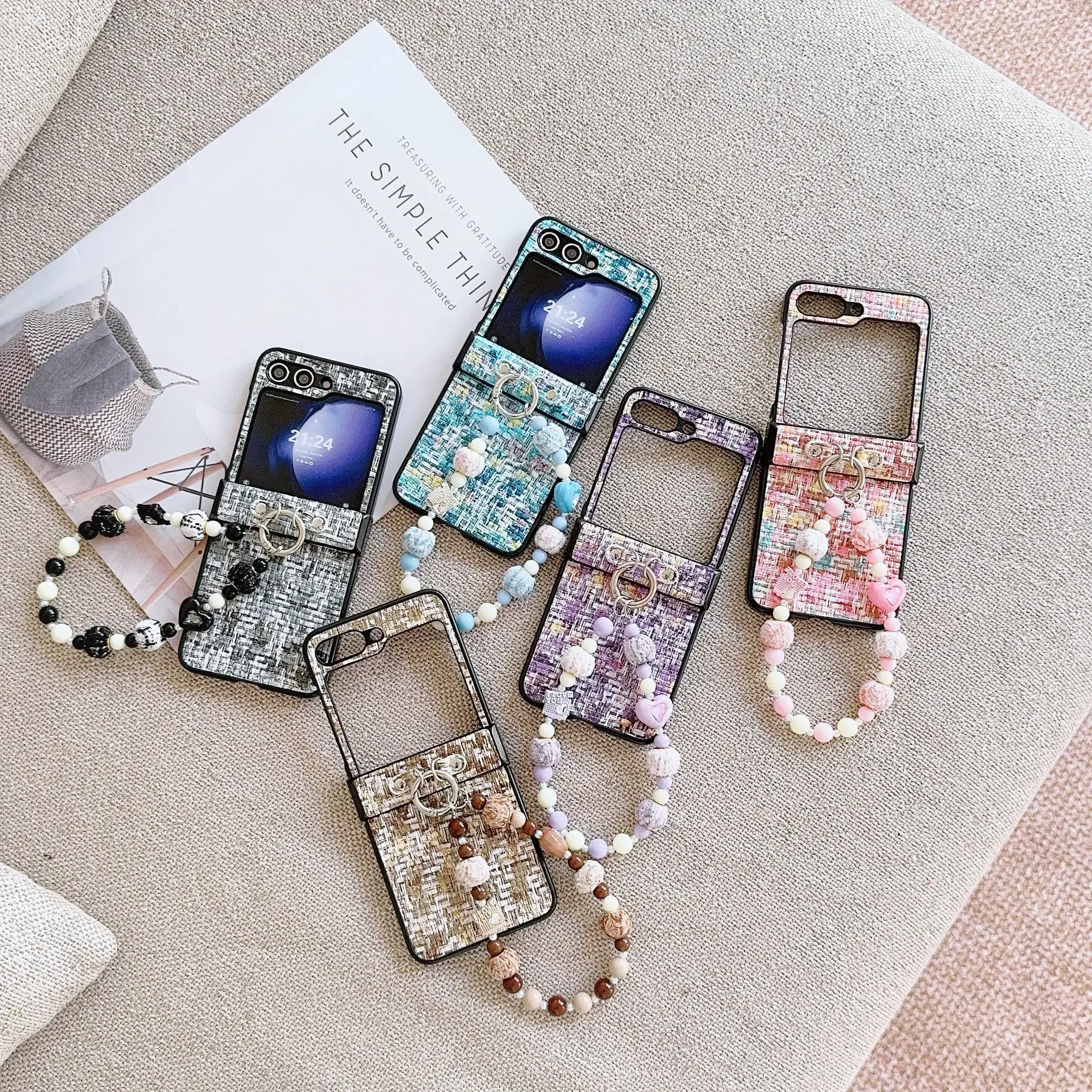 Bling Glitter Bead Wrist Chain Strap Bracelet Lattice PU Leather Cover For Samsung Galaxy Z Flip 6 5 4 3 Phone Case