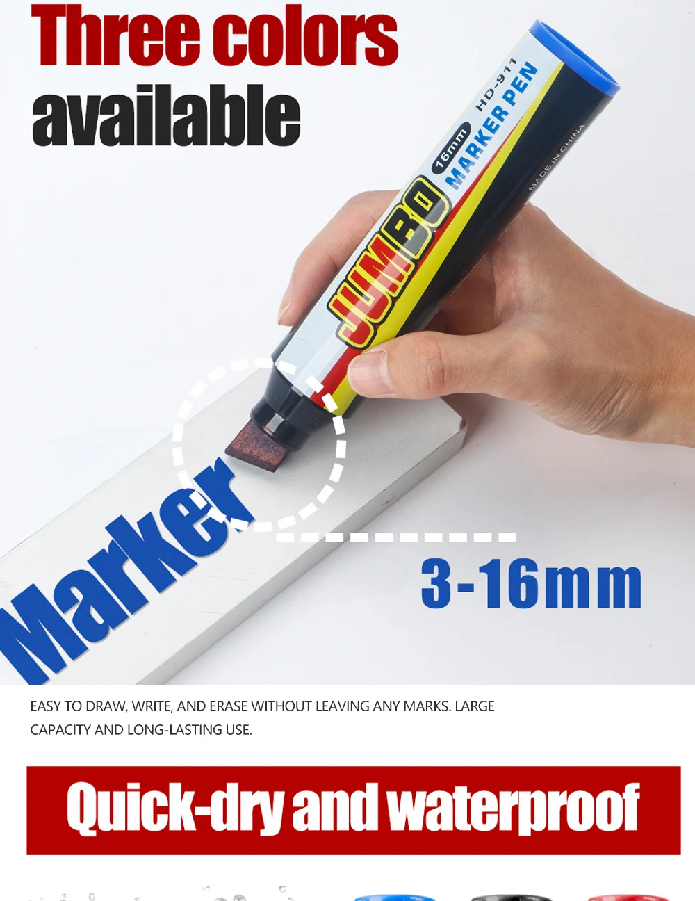 3/6/12 Stück Farbmarker, extrem große Kapazität, 3–16 mm Stiftspitzen, Schwarz/Rot/Blau, schnell trocknend, wasserdicht, für Büro- und Schulbedarf – Detail 5