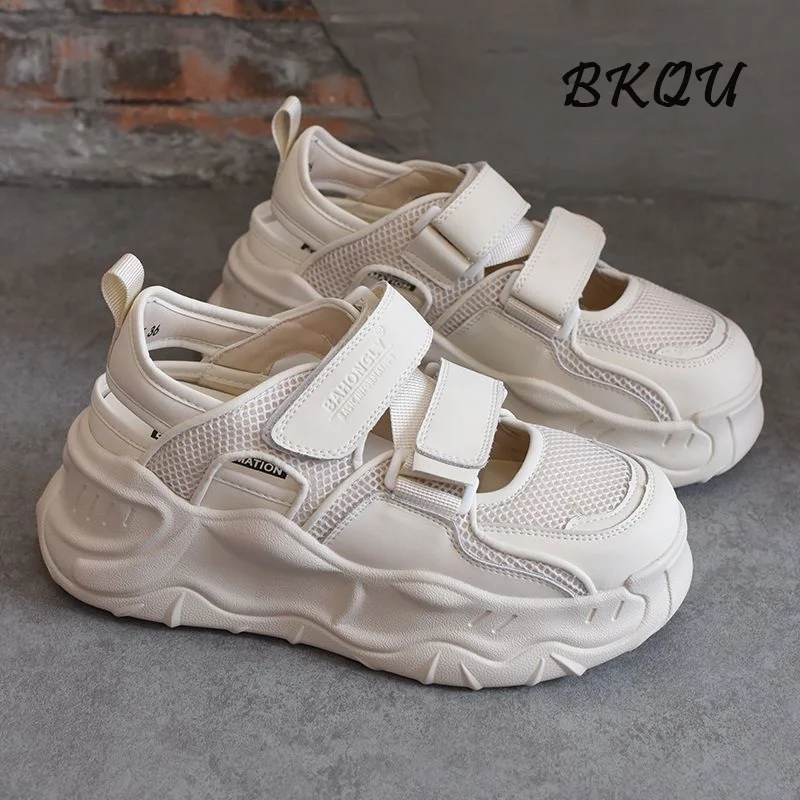 

BKQU Women Casual Platform Shoes 2024 Soft New All-match Baotou Hollow Roman Sandals Female Thick Sole Increase Net Surface