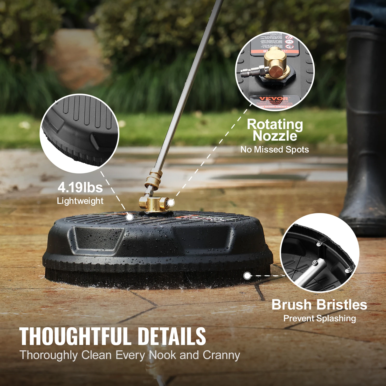 VEVOR 15/18/20/24" Pressure Washer Surface Cleaner w/ Handles & Wheels Stainless Steel Concrete Cleaner 4000 Max PSI for Garden image 5