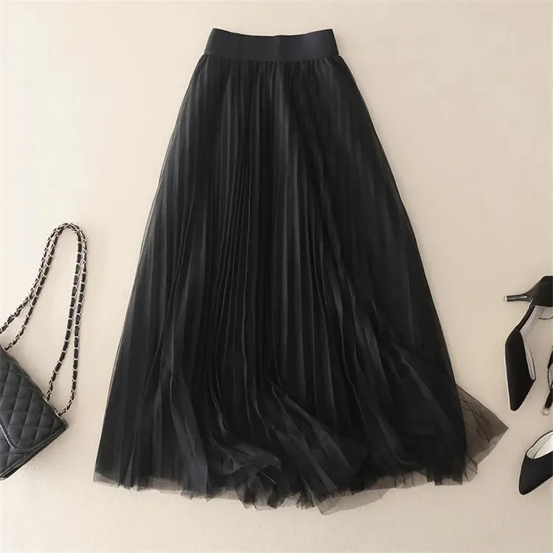 

Mesh Pleated Skirt A- Line Skirt 3 Layers Swing Large Size Pink Long Four Seasons Skirt for Women Skirts 2023 Faldas Jupe Femme