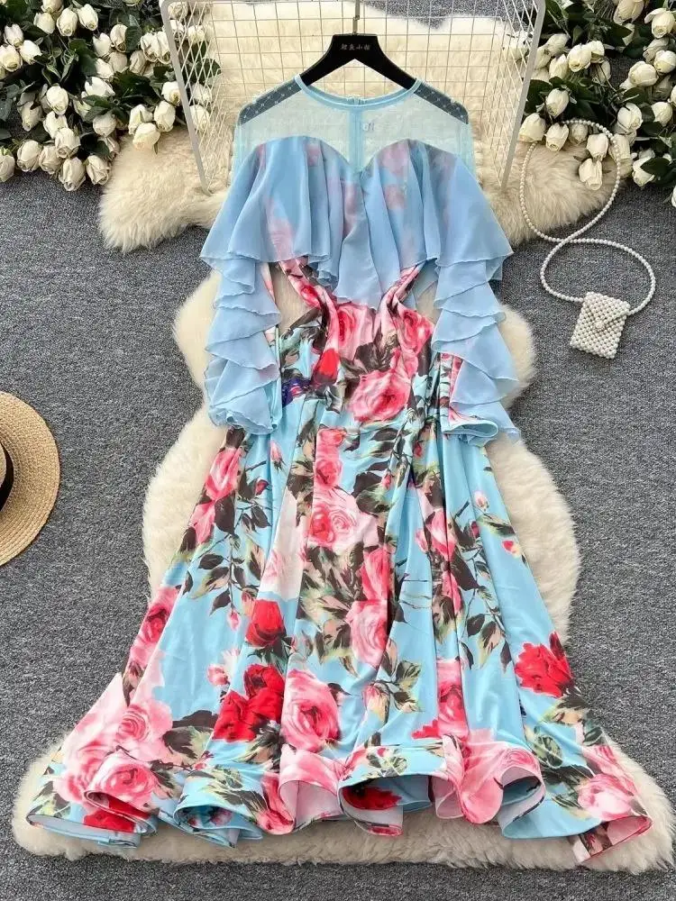 Primavera verão manga borboleta flor impressão sereia vestidos longos camada feminina babados costura festa de aniversário roupas femininas