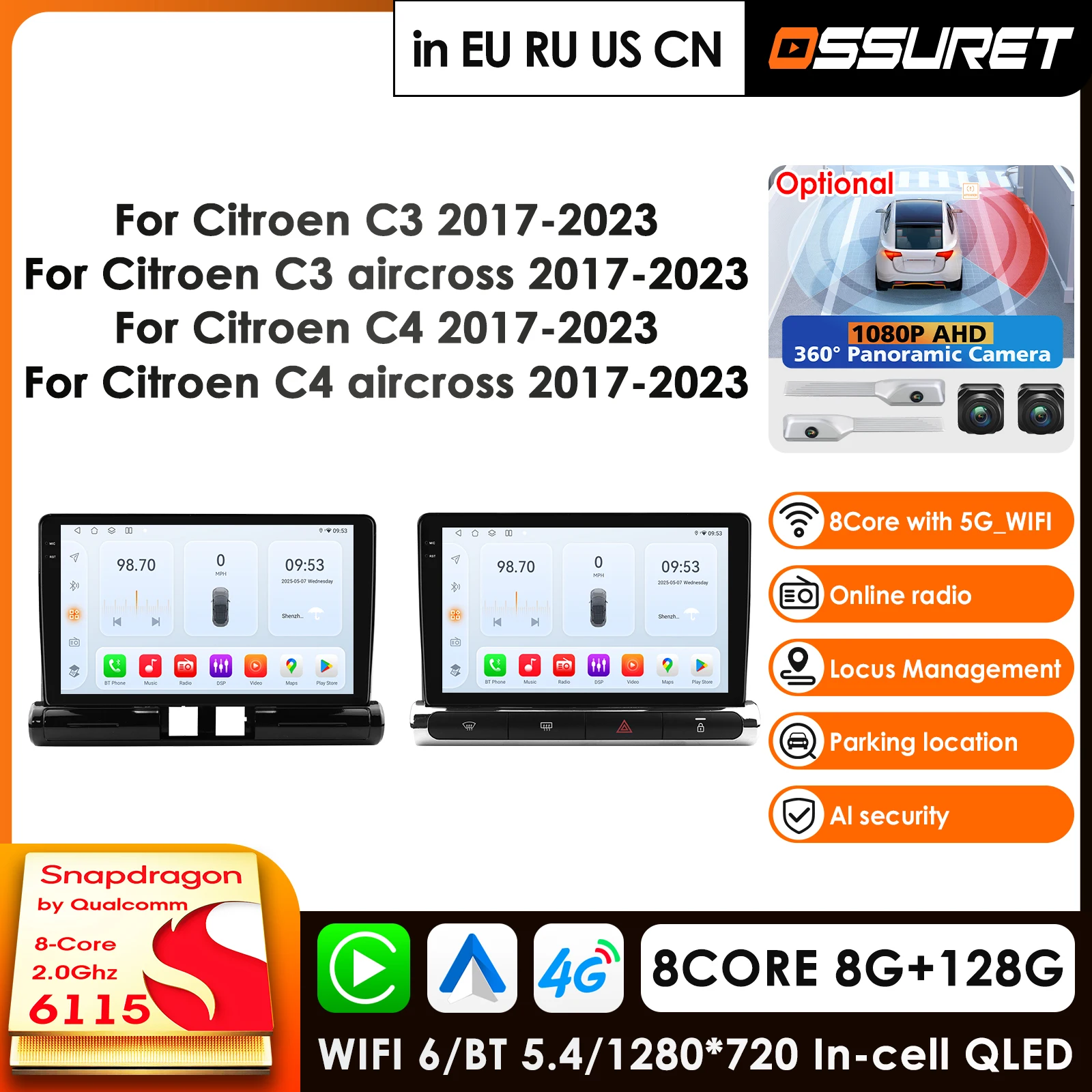 9 inch Screen Android 14 Car Multimedia Player For C3 Aircross 2017 - 2023 GPS Carplay 4G AI Intelligent Screen Autoradio 360Cam
