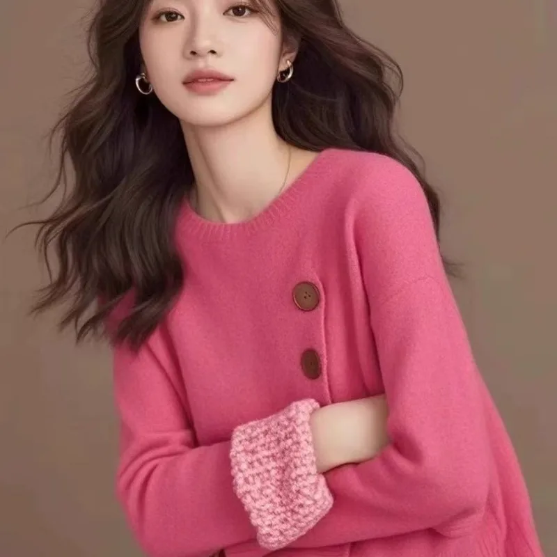 

Sweet Women's Clothing Design Slanted Fastening Knitted Sweater Soft New Lazy High-end Distinctive Pretty Coat Pullover Knitted