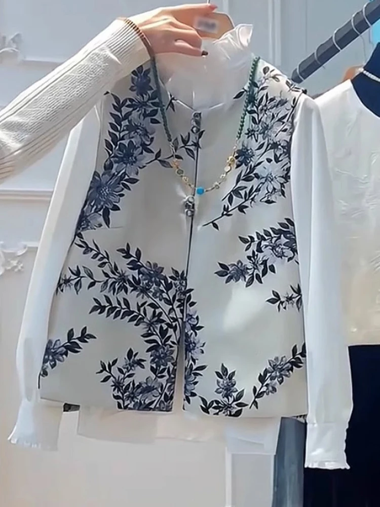New Chinese Style Water Ink Print Vest Topless round Neck Women's Spring Fashion Outerwear Jacket round Neck Outerwear