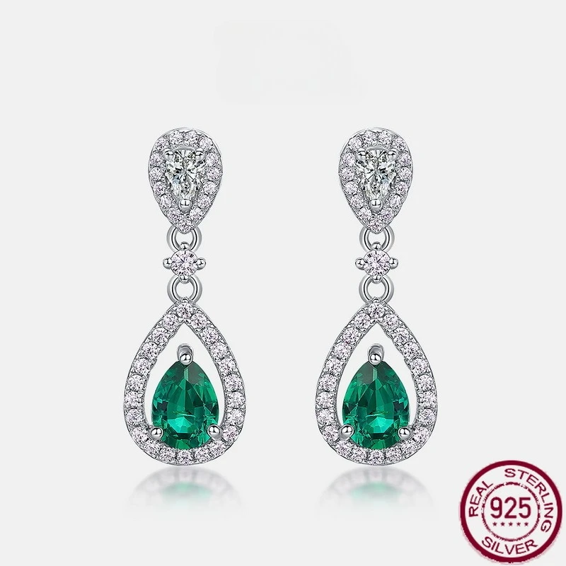 

New S925 pure silver heavy industry cultivated emerald water droplets cultivated colorful earrings wedding jewelry