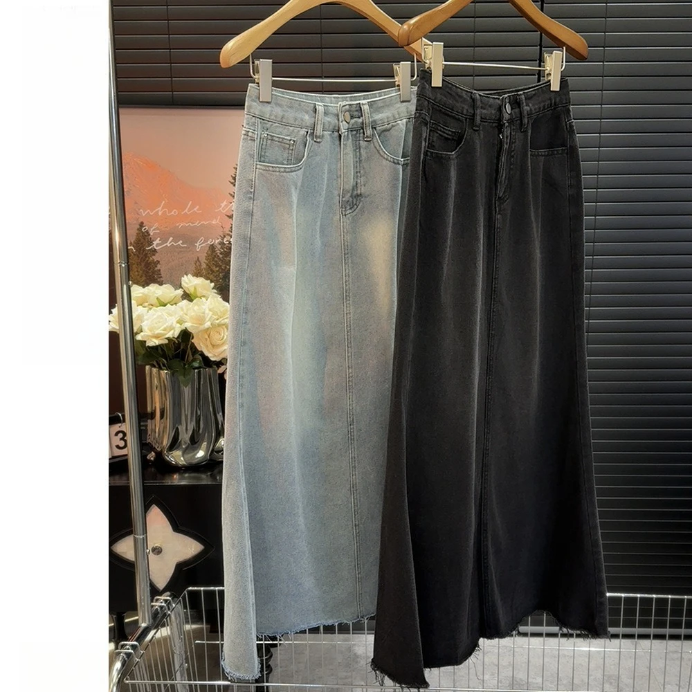 Seoulish Retro Frayed Fishtail Denim Skirt Women 2026 Summer High Waist Slim A Line Midi Bodycon Casual Long Skirts Female