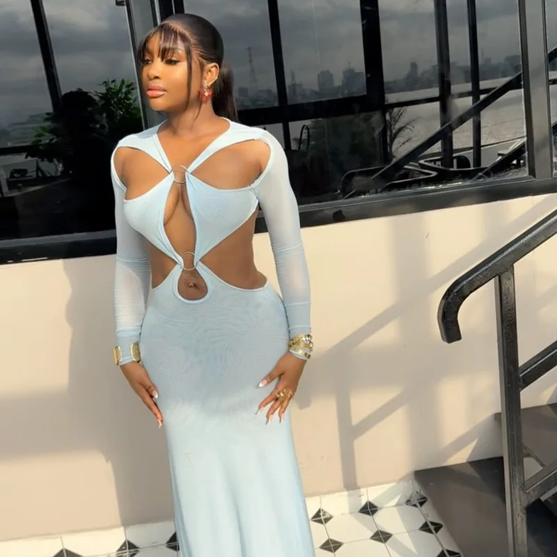 

STYLISH LADY White Cut Out Maxi Dress 2026 Summer Women Long Sleeve Open Back Bodycon Evening Party Dress