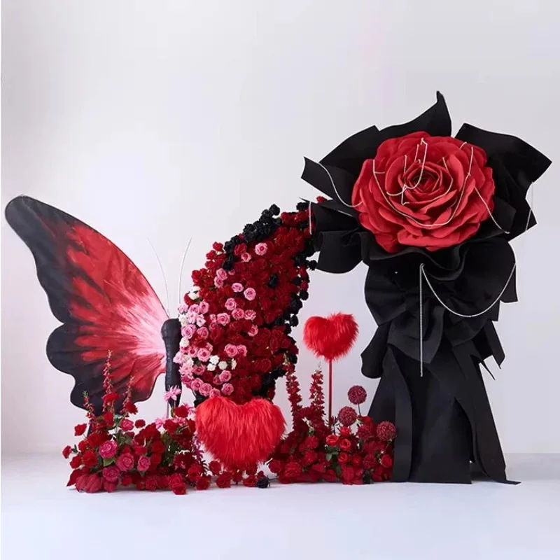 Giant butterfly simulated flower background decoration finished large rose bouquet Internet celebrity clock in small banquet
