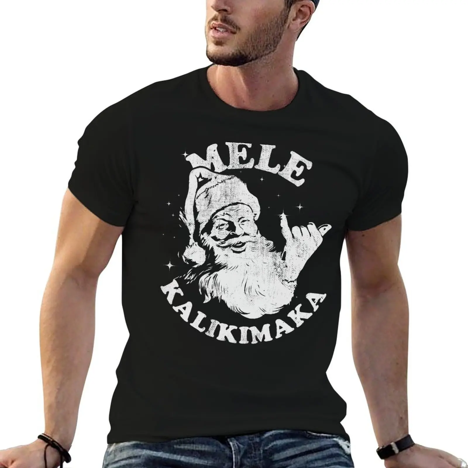 

Retro Christmas Mele Kalikimaka Santa Shaka Hawaii T-Shirt cotton tshirt 100% t shirt man cotton cotton t shirt pack T-shirt