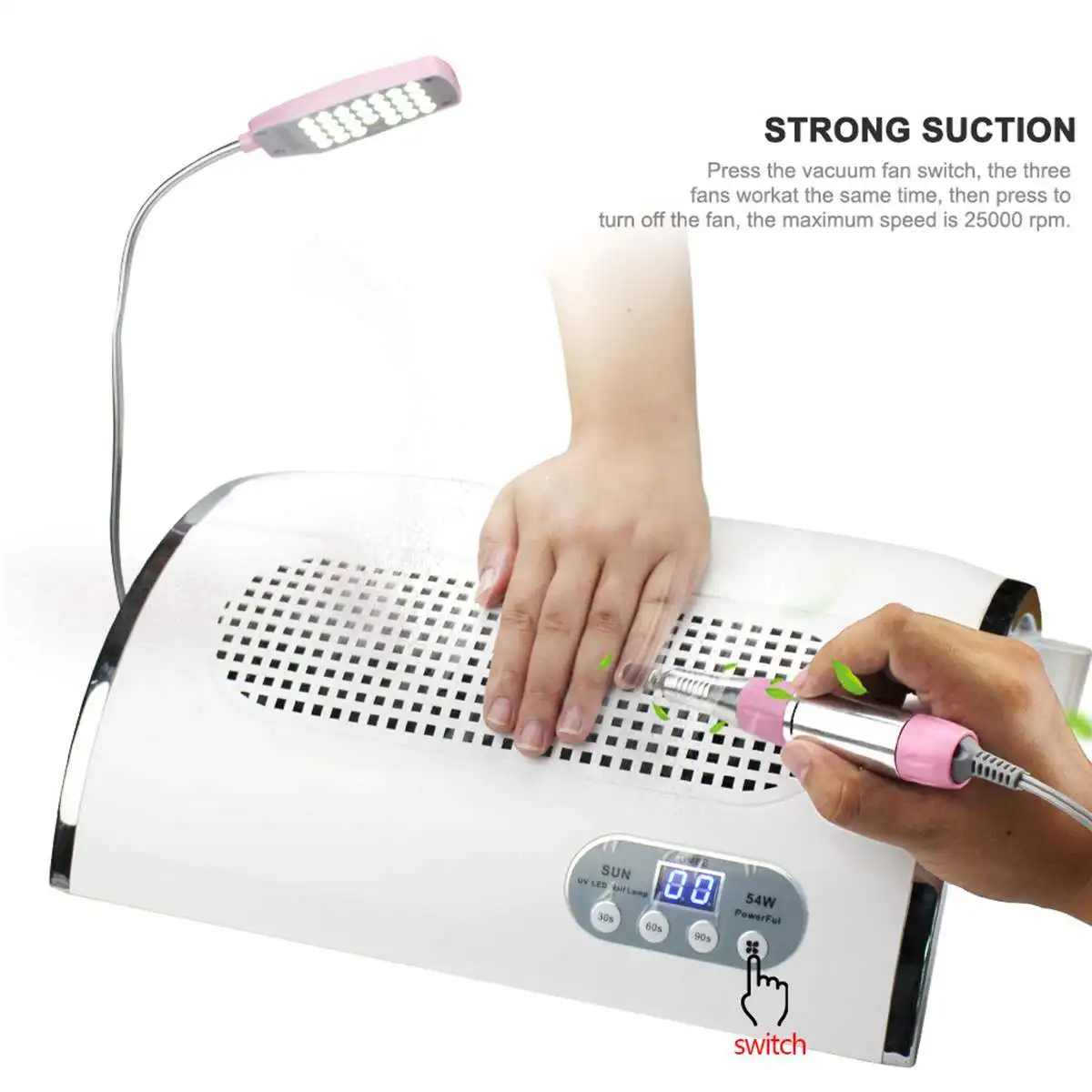 3 in 1 LED Light Nail Drill Machine 54W/72W  3 Fans 2 Filters Nail Dust Collector