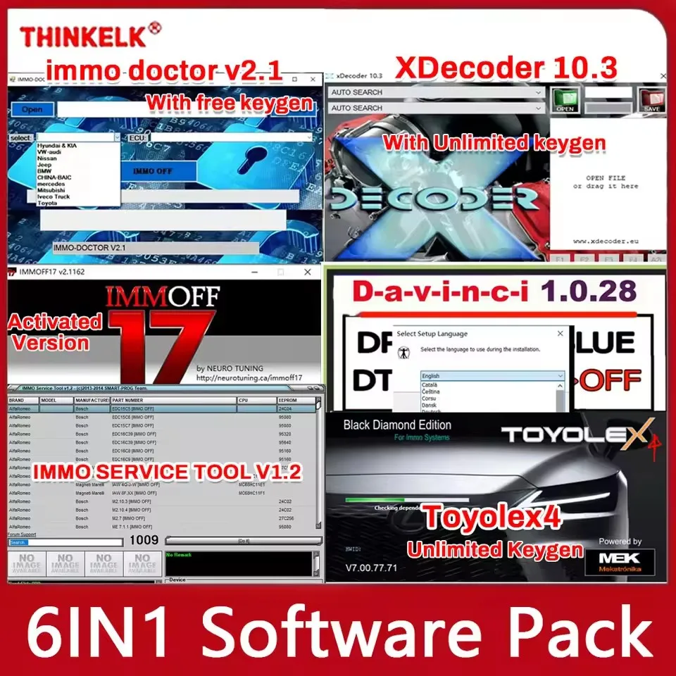 

IMMO DOCTOR V2.1+XDecoder 10.3+Davinci 1.0.28+IMMOFF17+IMMO Service Tool V1.2+Toyolex4 Unlimited Keygen 6in1 Car Repair software